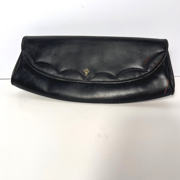 Vintage 1950's Lennox Black Leather Clutch Evening Bag Gold Fleur de Lis Detail - Picture 1 of 10